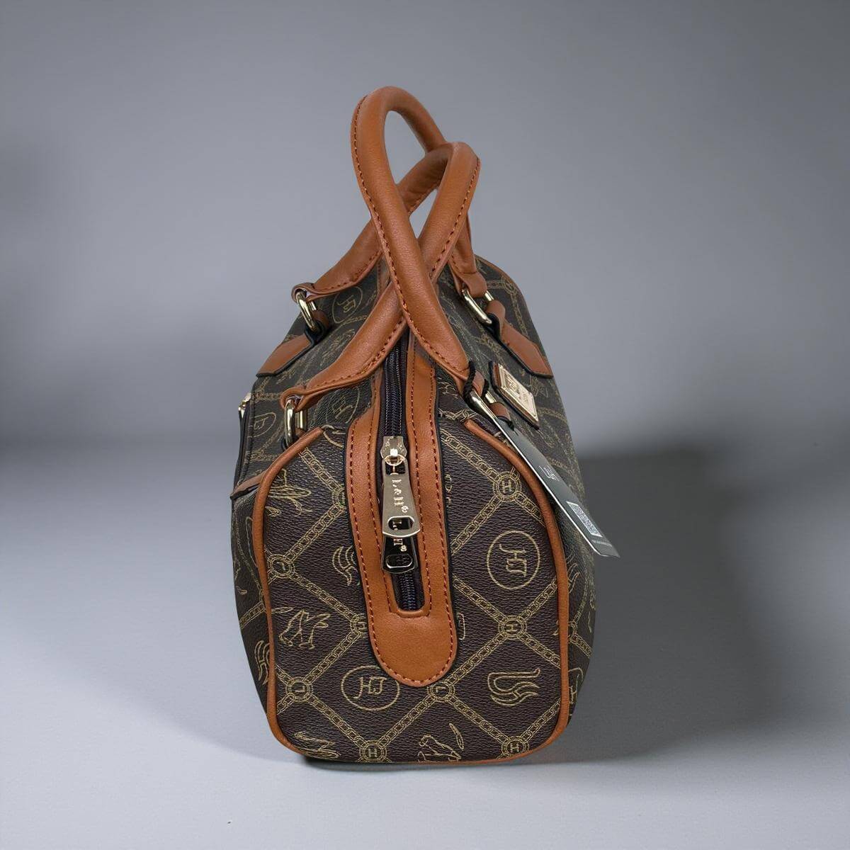 Bowling Bag Damen, Handtasche mit Monogramm, Braun Beige, Elegant