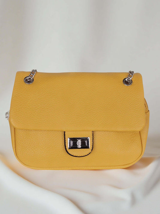 Damen Schultertasche mit Kettenhenkel – Gelb, Braun, Hellblau, Schwarz & Rot