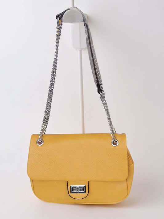 Damen Schultertasche mit Kettenhenkel – Gelb, Braun, Hellblau, Schwarz & Rot