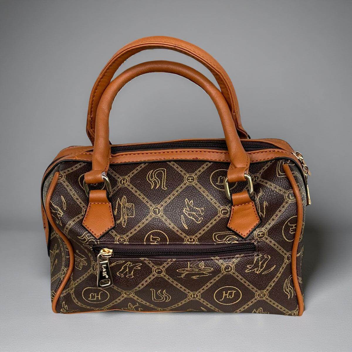 Bowling Bag Damen, Handtasche mit Monogramm, Braun Beige, Elegant